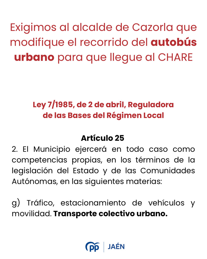 El PP exige al alcalde de Cazorla que ponga en marcha el servicio de autobús al hospital desde este mismo lunes y le recuerda que “es una obligación municipal por ley”