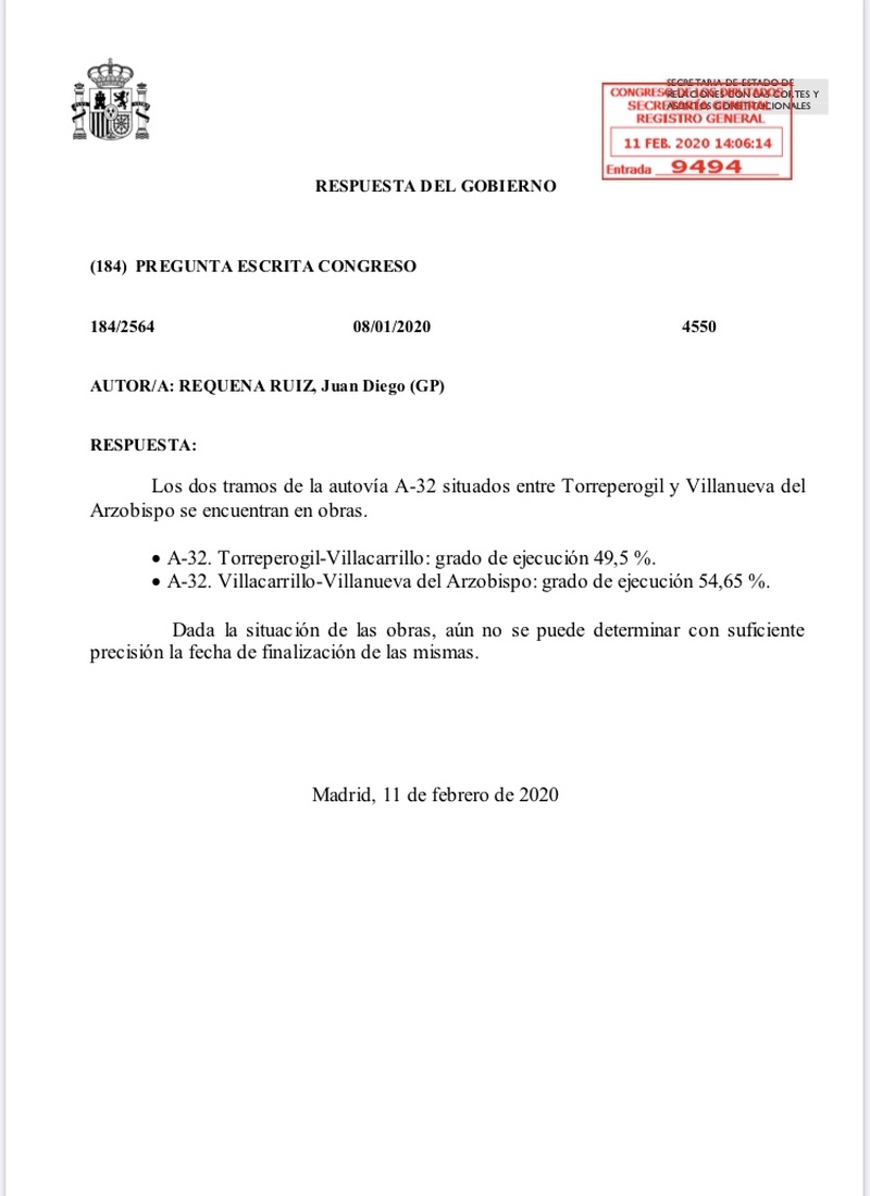 Requena: “exigimos al Gobierno de Pedro Sánchez que agilice la ejecución de las obras de la A-32”